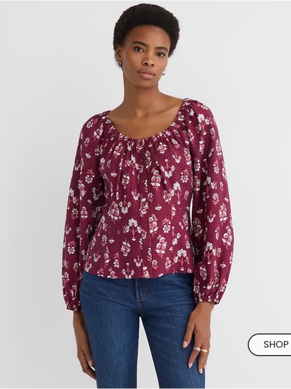LOFT Maroon Floral Peasant Blouse